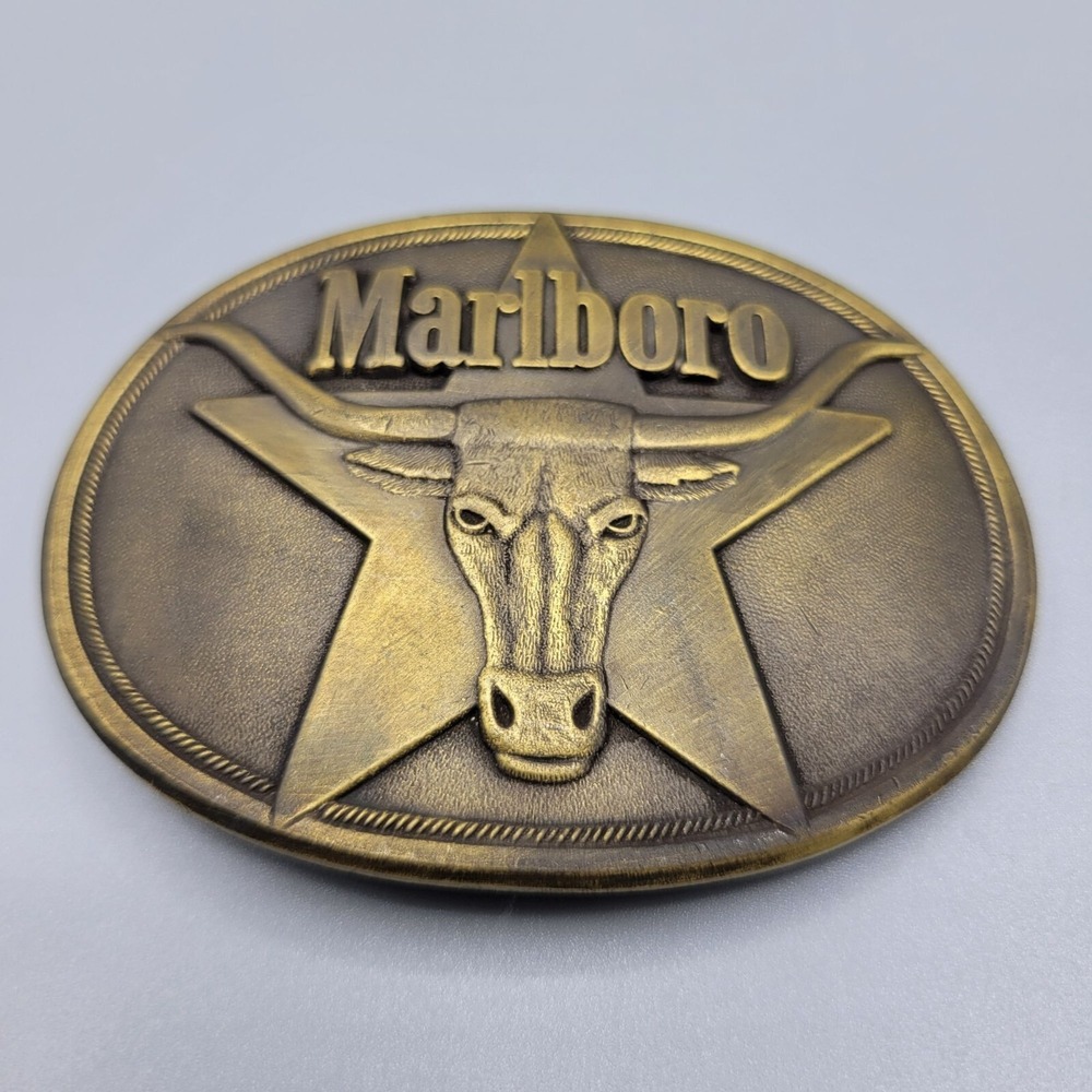 Vtg 1987 Marlboro Solid Brass Belt Buckle By Philip Morris Longhorn Design - Picture 4 of 5